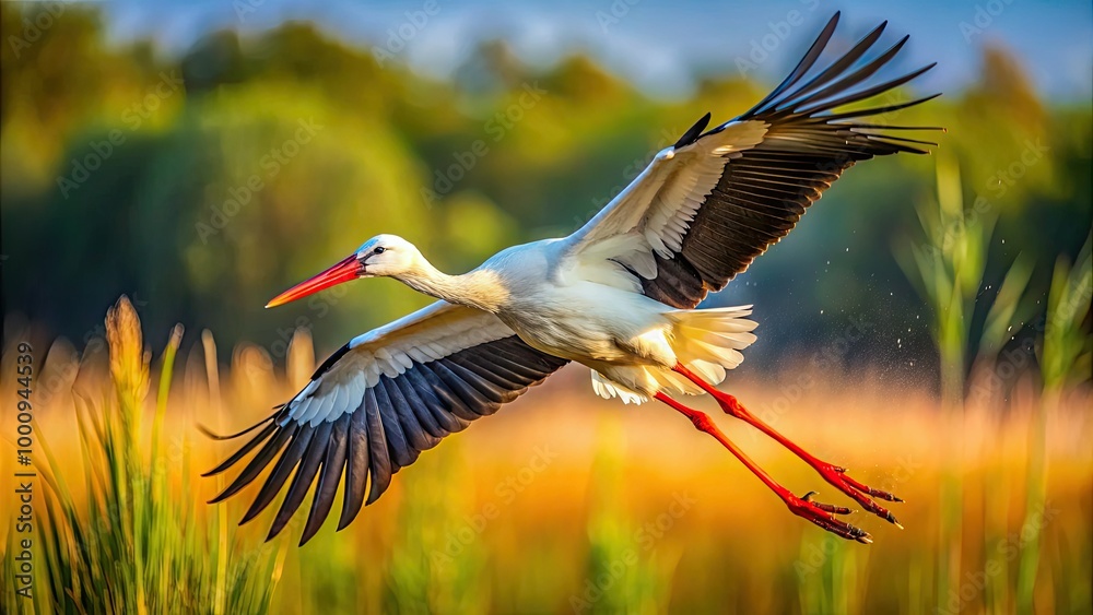 Obraz premium An elegant stork soars gracefully through its natural habitat, showcasing stunning feather patterns in mid-flight, embodying the beauty and majesty of natureâ€™s designs.