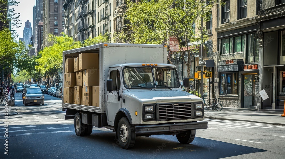 Obraz premium Delivery truck with doors open and boxes inside on busy street, wide-angle natural light scene