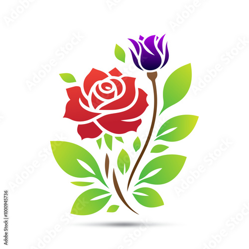 Illustration of red rose with leaves vector logo design