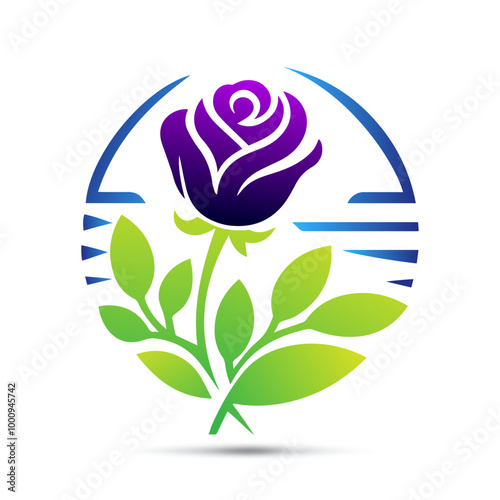 Rose colorful logo design with green leaves vector