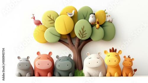 A group of adorable, sleepy hippos and giraffes peacefully rest under a large, colorful tree. Birds and small creatures join them, creating a charming and playful scene for a children’s illustration.