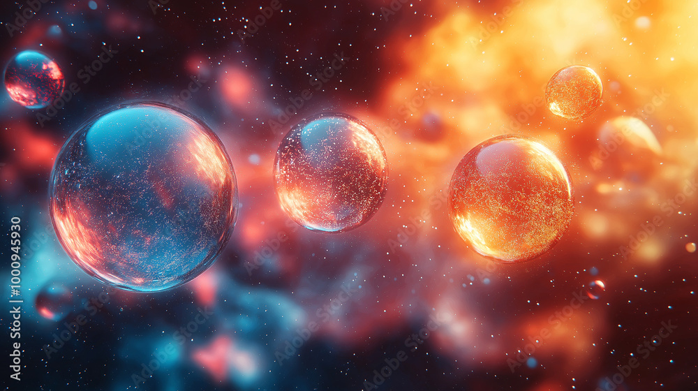 Cosmic Dance of Spheres: Abstract artwork depicting vibrant, translucent spheres suspended in a nebula of fiery orange and cool blue hues, evoking a sense of cosmic wonder and ethereal beauty. Cosmic Dance of Spheres: Abstract artwork depicting vibrant, translucent spheres suspended in a nebula of fiery orange and cool blue hues, evoking a sense of cosmic wonder and ethereal beauty.
