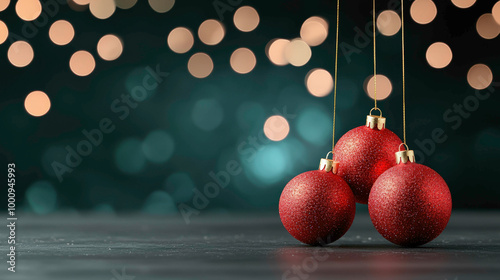 A dreamy Christmas scene featuring red glittering ornaments hanging gracefully with soft bokeh lights in the background. Perfect for festive greetings, cozy holiday moments, and winter celebrations.