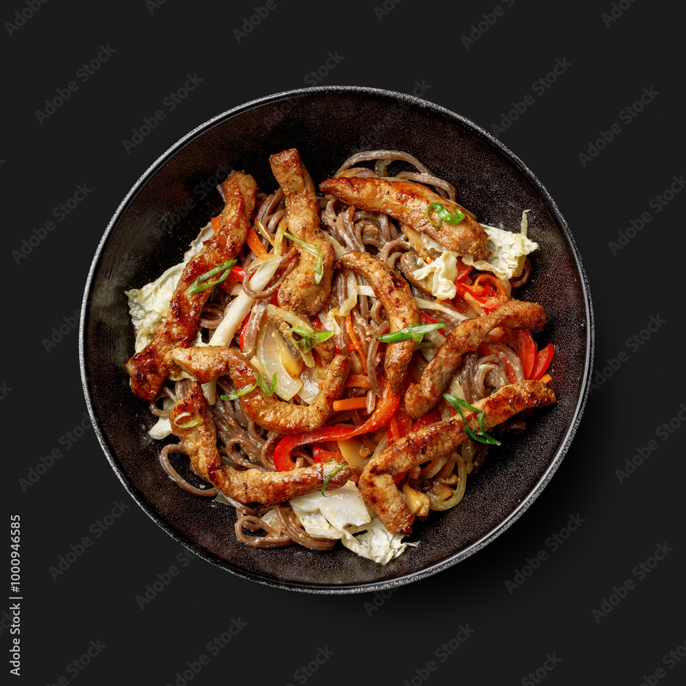 Traditional Asian dish seafood salad, rice, wok, top view, dark background Traditional Asian dish seafood salad, rice, wok, top view, dark background