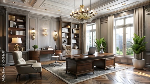 Elegant furniture and stylish decor elements define contemporary neoclassical office interiors, creating an inspiring photo