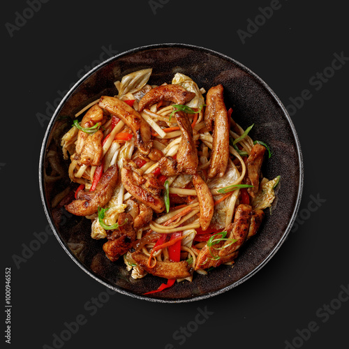 Traditional Asian dish seafood salad, rice, wok, top view, dark background