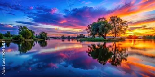 At dusk, vibrant colors illuminate the serene landscape, reflecting on the still water's surface, with graceful silhouettes of trees framing the picturesque scene.