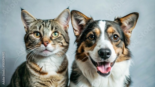 Portrait of Happy dog and cat that looking at the camera together isolated on transparent background, friendship between dog and cat, amazing friendliness of the pets