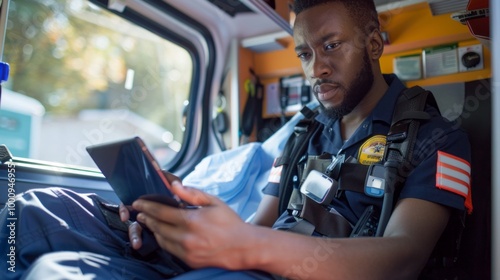 A man in a blue uniform is sitting in an ambulance and looking at a tablet