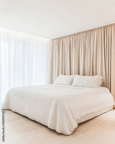 Modern minimalist bedroom with a spacious white bed and soft curtains in a bright, airy environment