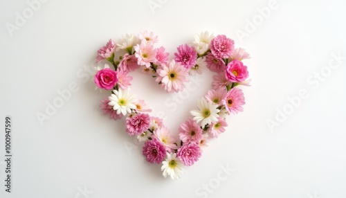 A heart-shaped arrangement of pink and white flowers placed on a white background. The floral display is elegant and perfect for romantic or wedding-themed events.