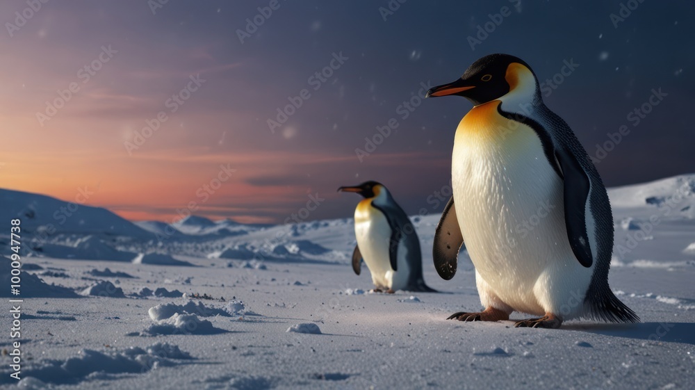 Obraz premium Penguins in the Antarctic Sunset