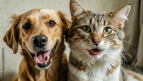 Portrait of Happy dog and cat that looking at the camera together isolated on transparent background, friendship between dog and cat, amazing friendliness of the pets