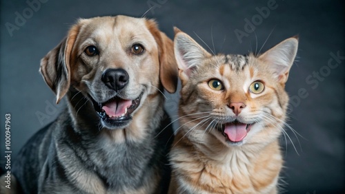 Portrait of Happy dog and cat that looking at the camera together isolated on transparent background, friendship between dog and cat, amazing friendliness of the pets