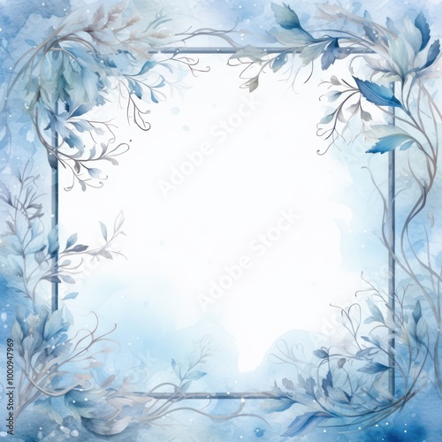 Elegant Watercolor Floral Frame with Blue Leaves and Branches. Serene Nature Themed Background