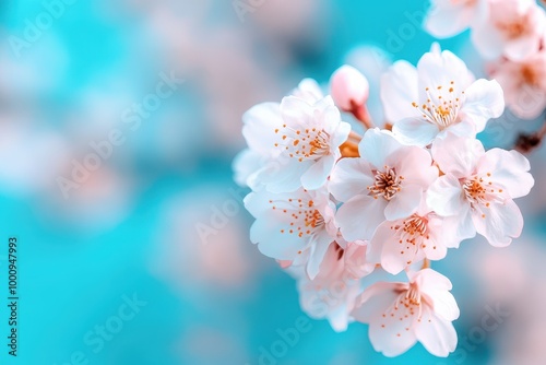 A cluster of delicate white cherry blossoms in full bloom contrasting beautifully against a bright teal sky, capturing the essence of spring and natural beauty.