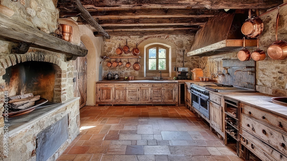 A rustic Italian farmhouse kitchen, featuring stone walls, a wood-fired oven, and terracotta floors, with large wooden beams and copper pots hanging from the ceiling A rustic Italian farmhouse kitchen, featuring stone walls, a wood-fired oven, and terracotta floors, with large wooden beams and copper pots hanging from the ceiling