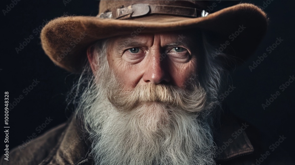 Bavarian man with beard in hat poses on black.