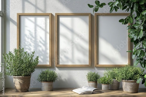 Wallpaper Mural a sleek poster mockup featuring a lush green plant positioned alongside rustic wooden frames against a clean white backdrop highlighting the beauty of nature and simplicity in design Torontodigital.ca
