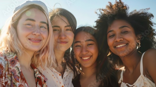 Friendly young women from different ethnic backgrounds, standing closely and smiling