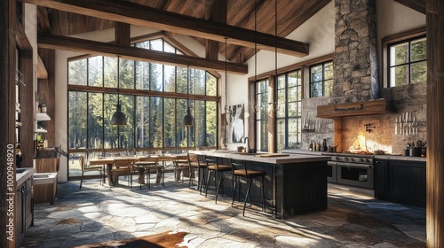 A rustic mountain cabin kitchen, featuring stone floors, wooden beams, and a large hearth, framed by windows with views of the forest