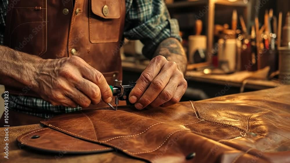 Artisan crafting leather goods by hand in a warm, rustic workshop environment