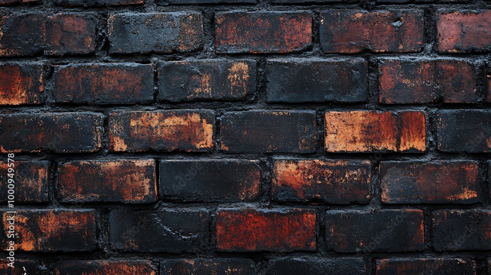 A close up of a dark brick wall with some orange and red brick showing through the black paint. A close up of a dark brick wall with some orange and red brick showing through the black paint.