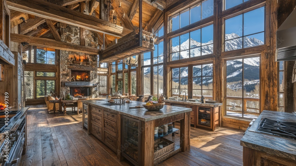 A rustic mountain lodge kitchen, with wooden floors, stone countertops, and large beams, framed by large windows with views of snow-capped mountains A rustic mountain lodge kitchen, with wooden floors, stone countertops, and large beams, framed by large windows with views of snow-capped mountains