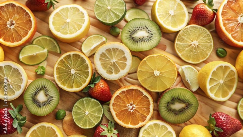 Flat view mixing different of fruits oranges, kiwi, lime, strawberries, lemon isolated on background, Summer tropical Exotic fruits. Flat view mixing different of fruits oranges, kiwi, lime, strawberries, lemon isolated on background, Summer tropical Exotic fruits.