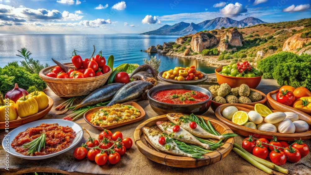 Fototapeta premium Discover authentic Sardinian cuisine through traditional dishes made with fresh ingredients, highlighting the island's unique local flavors and rich gastronomic heritage.