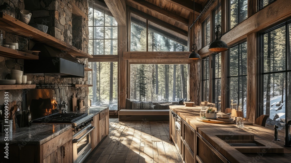 Obraz premium A rustic mountain retreat kitchen, featuring wooden floors, a large hearth, and stone countertops, framed by windows with views of the surrounding forest