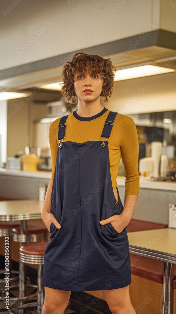Stylish Model in a Chic Navy Pinafore Dress with Mustard Top Stylish Model in a Chic Navy Pinafore Dress with Mustard Top