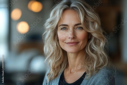 a striking portrait of a confident middleaged woman in a professional setting smiling warmly at the camera exuding both charm and competence against a softly blurred modern office backdrop