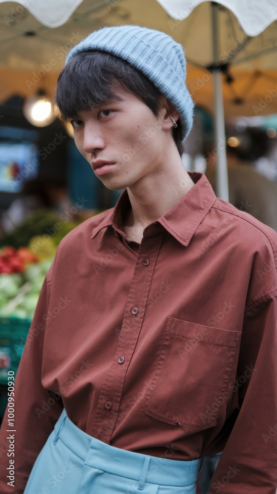 Trendy Urban Fashion: Model Wears Brown Shirt and Blue Beanie Trendy Urban Fashion: Model Wears Brown Shirt and Blue Beanie