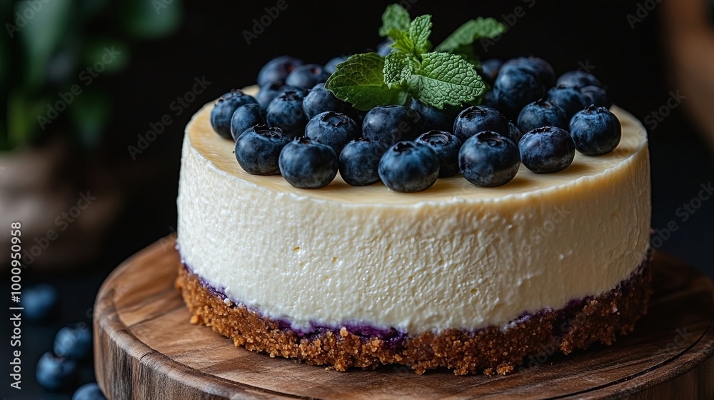 Creamy Cheesecake Topped with Fresh Blueberries and Mint Leaves, Ready to Be Sliced and Enjoyed Creamy Cheesecake Topped with Fresh Blueberries and Mint Leaves, Ready to Be Sliced and Enjoyed