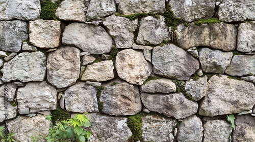 A close-up of a rough stone wall with moss growing in the crevices.