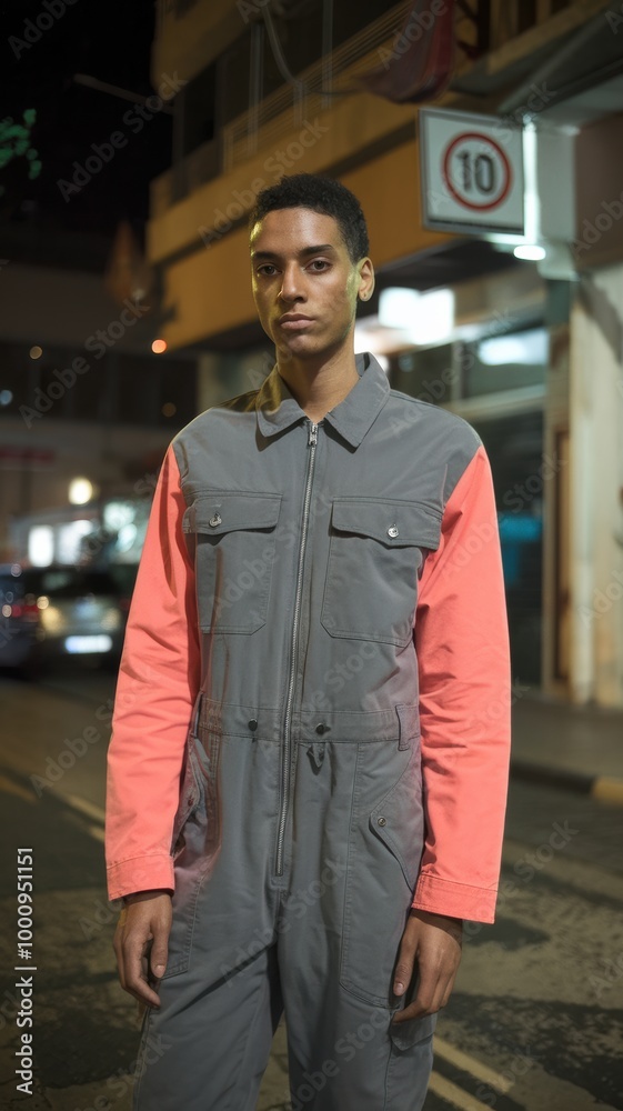 Urban Night Fashion: Model in Stylish Gray and Coral Jumpsuit Urban Night Fashion: Model in Stylish Gray and Coral Jumpsuit