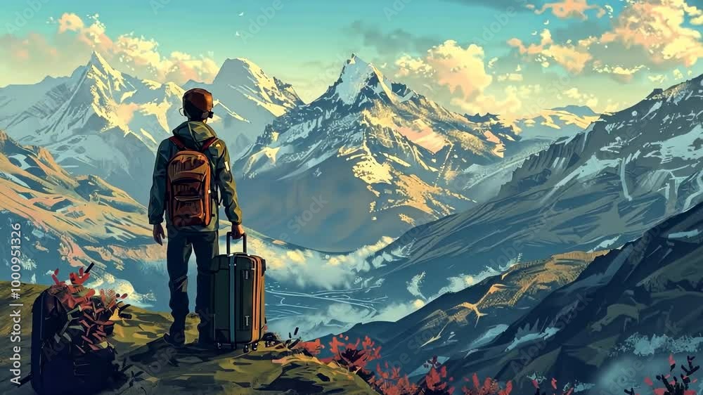 Traveler with a suitcase stands at the edge of a mountain cliff admiring the breathtaking view in a vibrant, scenic landscape Traveler with a suitcase stands at the edge of a mountain cliff admiring the breathtaking view in a vibrant, scenic landscape
