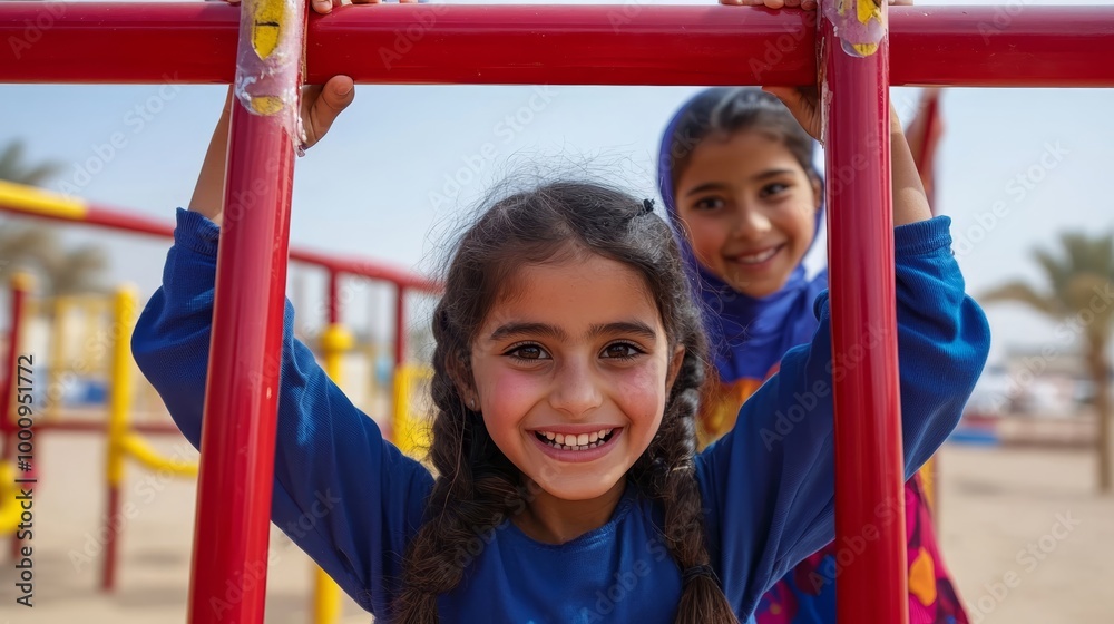 Joyful Omani Girl Playing on Monkey Bars with Friend in Playground Joyful Omani Girl Playing on Monkey Bars with Friend in Playground