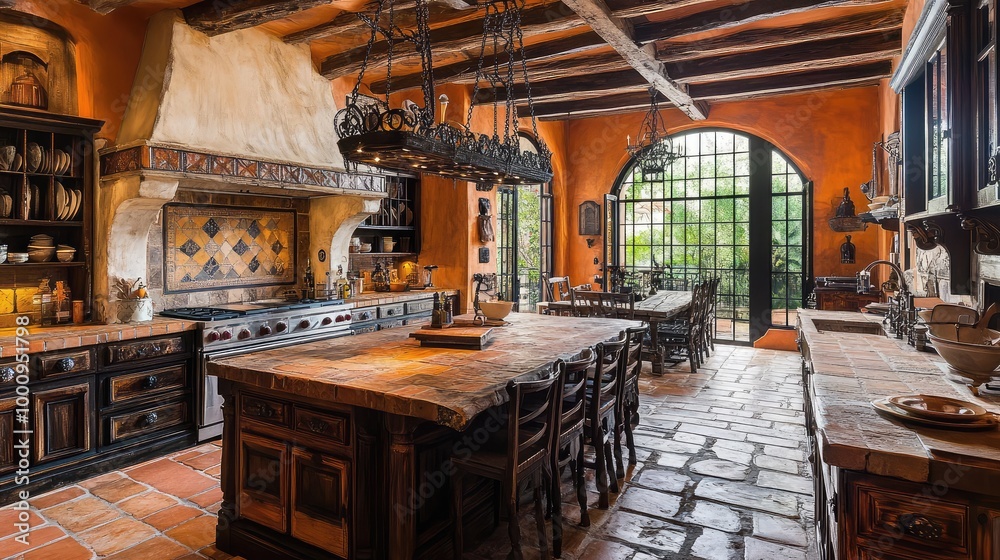 A rustic Spanish hacienda kitchen, with terracotta floors, wooden beams, and wrought iron accents, centered around a large stone hearth A rustic Spanish hacienda kitchen, with terracotta floors, wooden beams, and wrought iron accents, centered around a large stone hearth