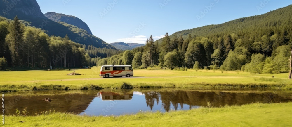 Fototapeta premium Motorhome Parked in a Peaceful Meadow Landscape