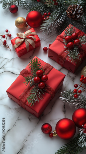 Illustration AI festive red Christmas gifts with pine sprigs and ornaments. Christmas, celebration.