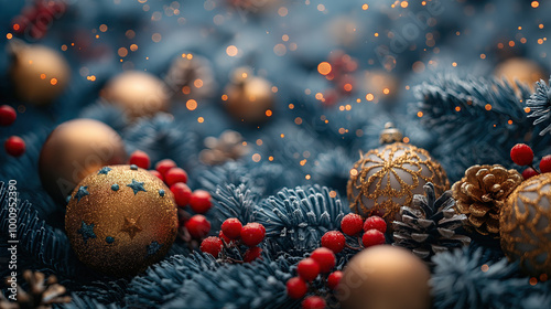 Illustration AI festive Christmas ornaments on frosted pine branches. Christmas concept, celebration