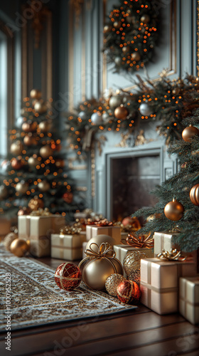 Illustration AI luxurious Christmas scene with golden gifts and decorations by a fireplace.