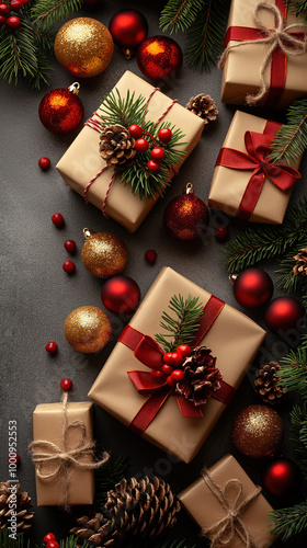 Illustration AI beautifully wrapped Christmas gifts with ornaments and pinecones. Christmas concept.