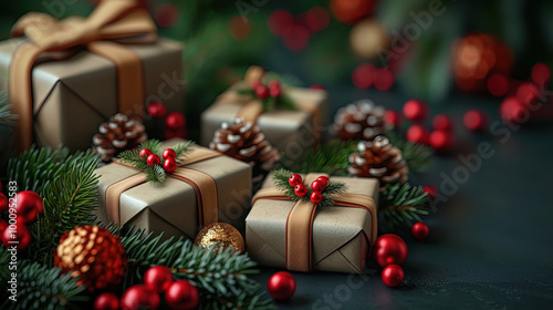 Illustration AI elegantly wrapped Christmas gifts with festive decorations. Christmas, celebration.