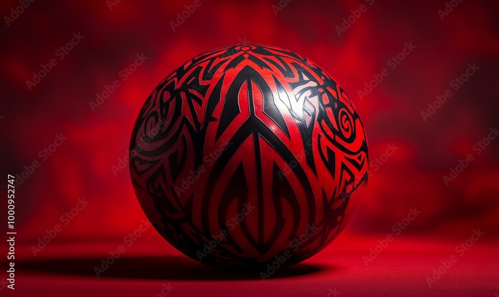 Red sphere with black tribal design on red background. Red sphere with black tribal design on red background.