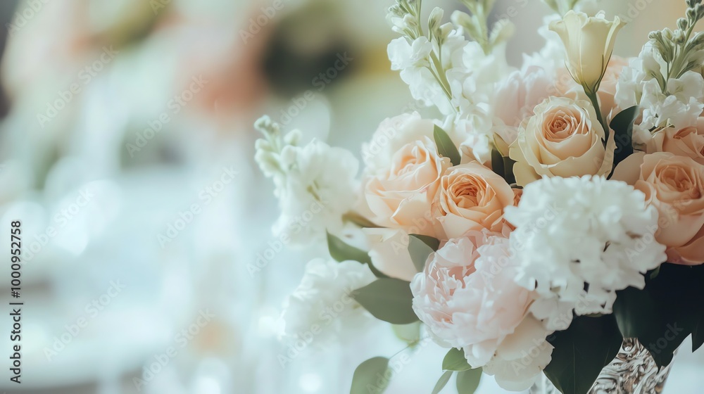 A bouquet of white and peach roses in a clear vase. A bouquet of white and peach roses in a clear vase.