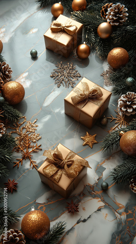 Illustration AI elegantly wrapped Christmas gifts with gold decorations and pinecones. Christmas.