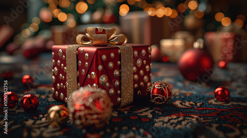 Illustration AI elegant red and gold gift box with festive decor. Christmas concept, celebration.